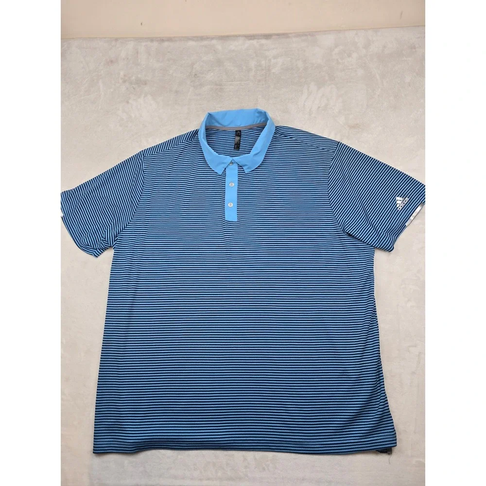 Adidas Golf Polo Shirt Mens 2XL Blue Black Striped Polyester HEAT.RDY‎ Golf Top